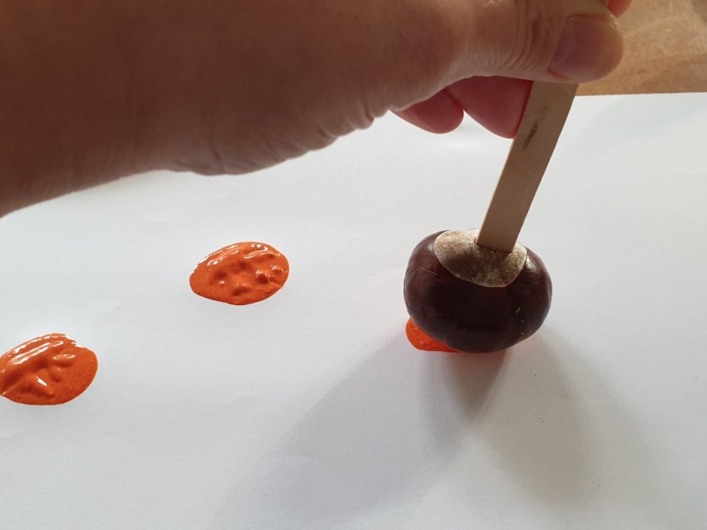 stempelen met kastanjes voor pompoenen