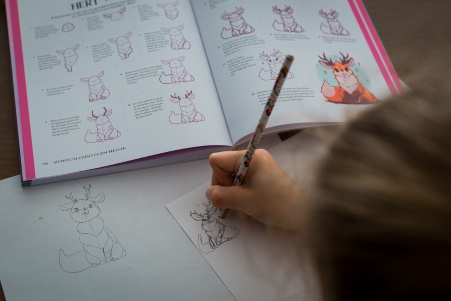bladspiegel 2/3 meisje tekent de stap voor stap instructie na